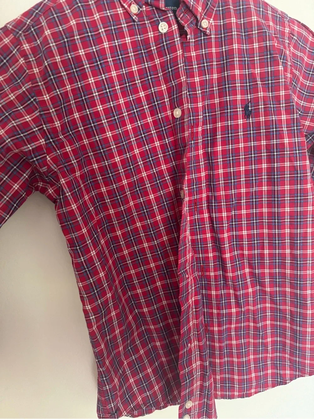 Ralph Lauren Red Plaid Button-Down Shirt with Navy Pony Embroidery